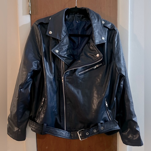 Navy Blue Faux Leather Moto Jacket Size Large - Picture 1 of 4